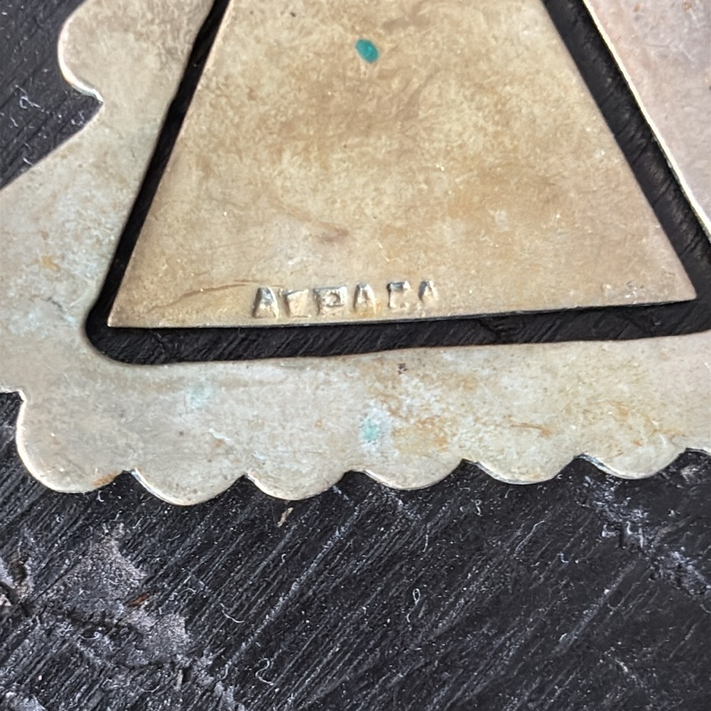 Signed Vintage Alpaca Silver Tone and Blue Triangle Pendant Geometric 3D - Picture 4 of 6